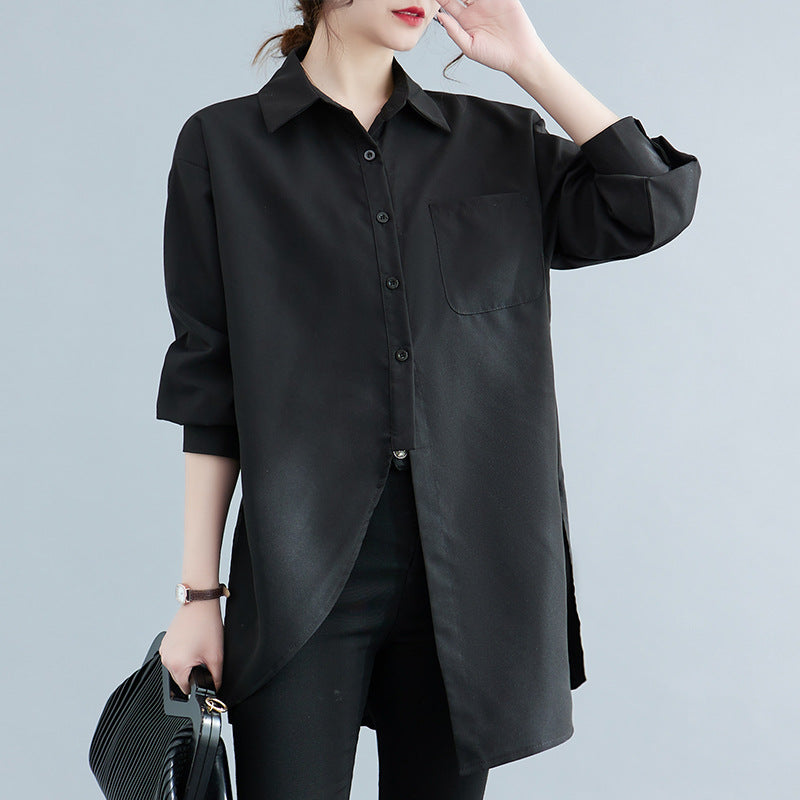 Spring 2025 new loose long-sleeved shirt women's medium and long asymmetrical shirt black top