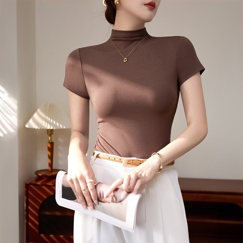 Straight shoulder short summer wear Korean base shirt short-sleeved T-shirt women's 2025 slim slim and sweet and spicy top