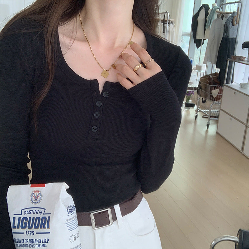 Selection of high elastic threaded button bottoming shirt 2026 autumn new front shoulder long sleeve T-shirt women's slim slim top
