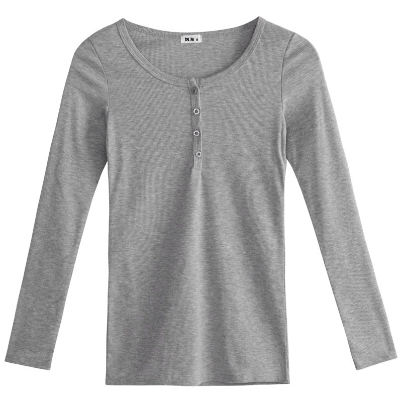 Versatile and not picky, excellent cotton threaded button-down bottoming shirt women's long-sleeved T-shirt 2026 spring new slim-fitting and thin top