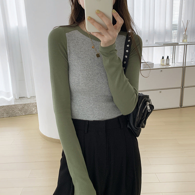 High-quality, fine-threaded cotton 2026 autumn new product bottoming shirt women's long-sleeved T-shirt color matching retro contrasting versatile top