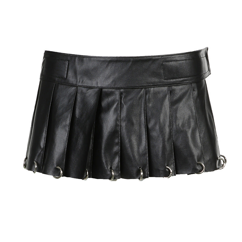 Street Punk Style Irregular Piece Personality Heavy Industry Metal Buckle Leather Skirt Spice Girl Sexy Style Mini Skirt