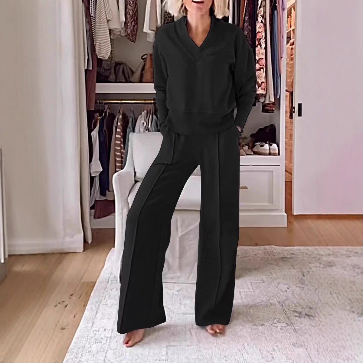 2025 autumn and winter Amazon cross-border European and American new V long-sleeved loose and fashionable solid color women's fashion casual pants