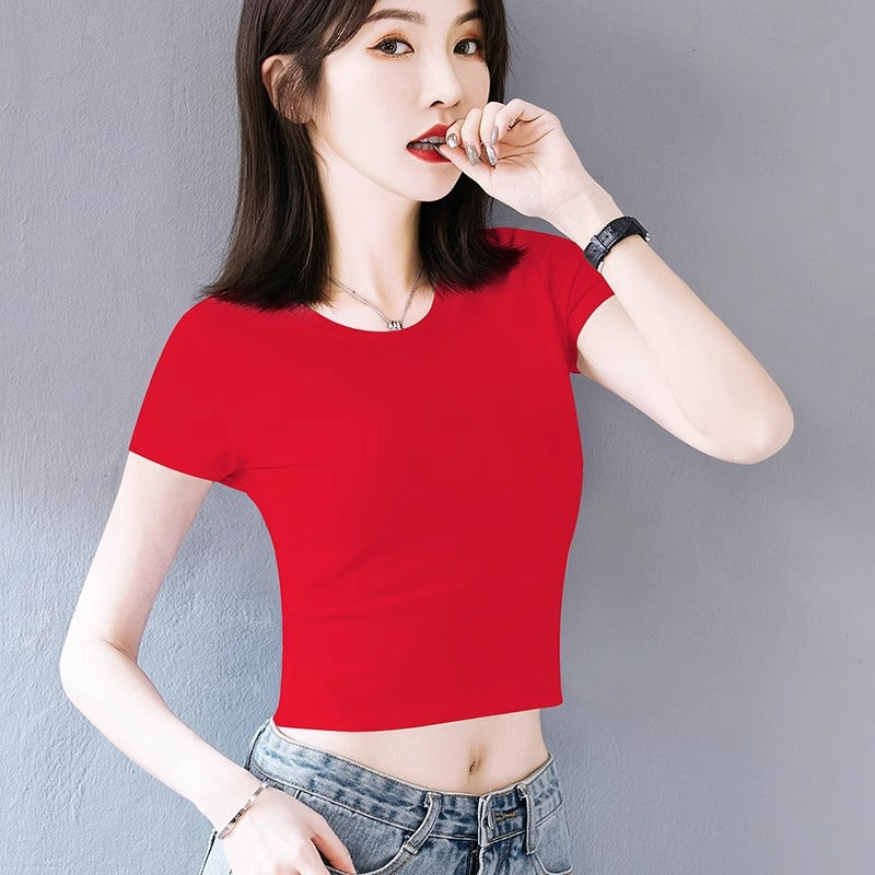 White sexy high-waisted short-sleeved t-shirt women's summer new slim-fitting and thin pure lust style versatile navel short top