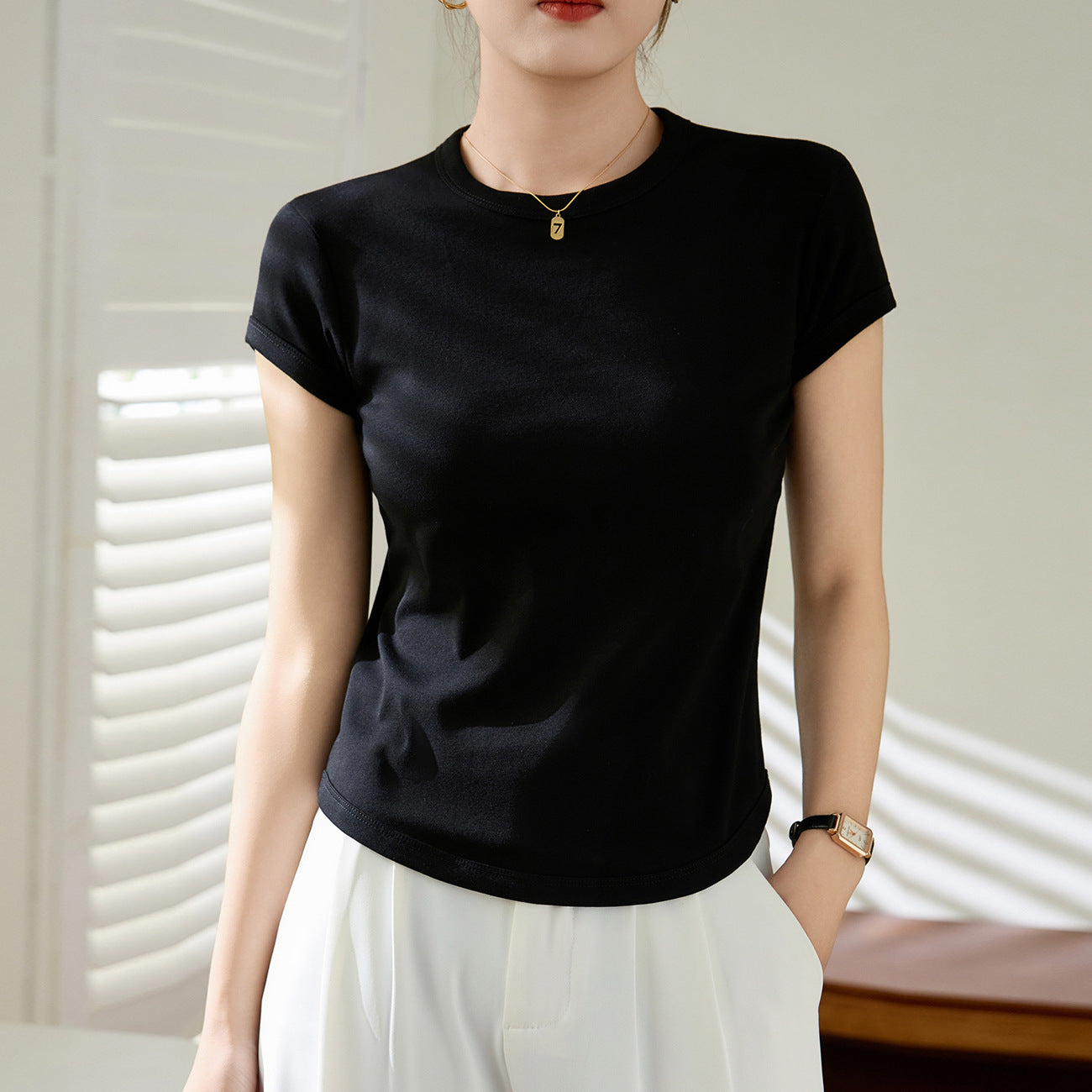 [Use good materials] Selection of pure cotton high-end short-sleeved T-shirt women's summer 2026 new curved slim-fit top bottoming shirt