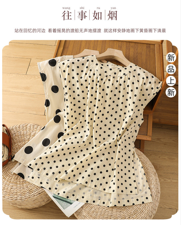 Summer 2025 New Polka Dot Printed Cotton and Linen Top Women's Back Invisible Zipper Split Shirt T-Shirt Women's