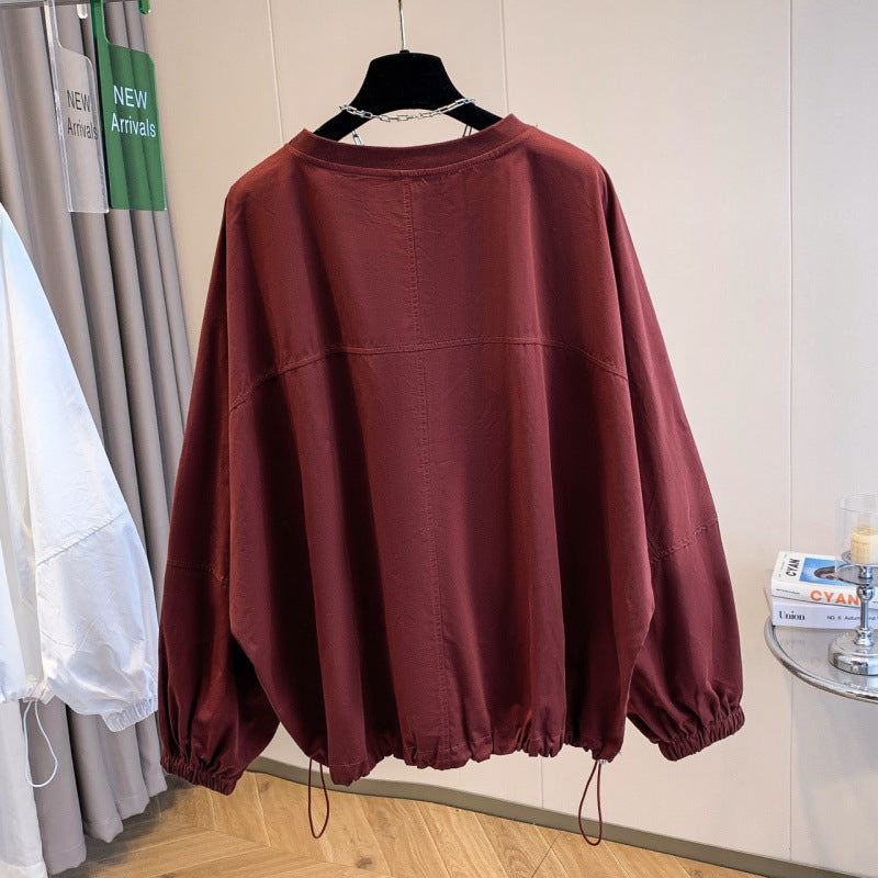 Real shot 2025 autumn new solid color loose casual bat sleeve round neck long sleeve T-shirt women's top