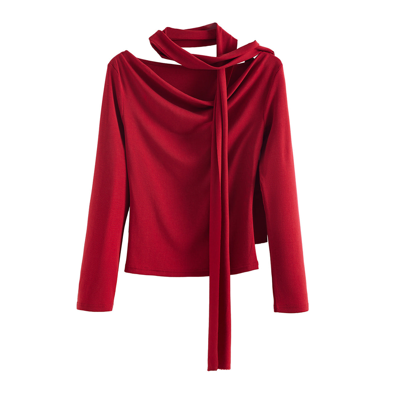 Tencel Lyocell, swinging collar temperament new off-the-shoulder long-sleeved t-shirt women's design sense one-word collar red slim-fit top