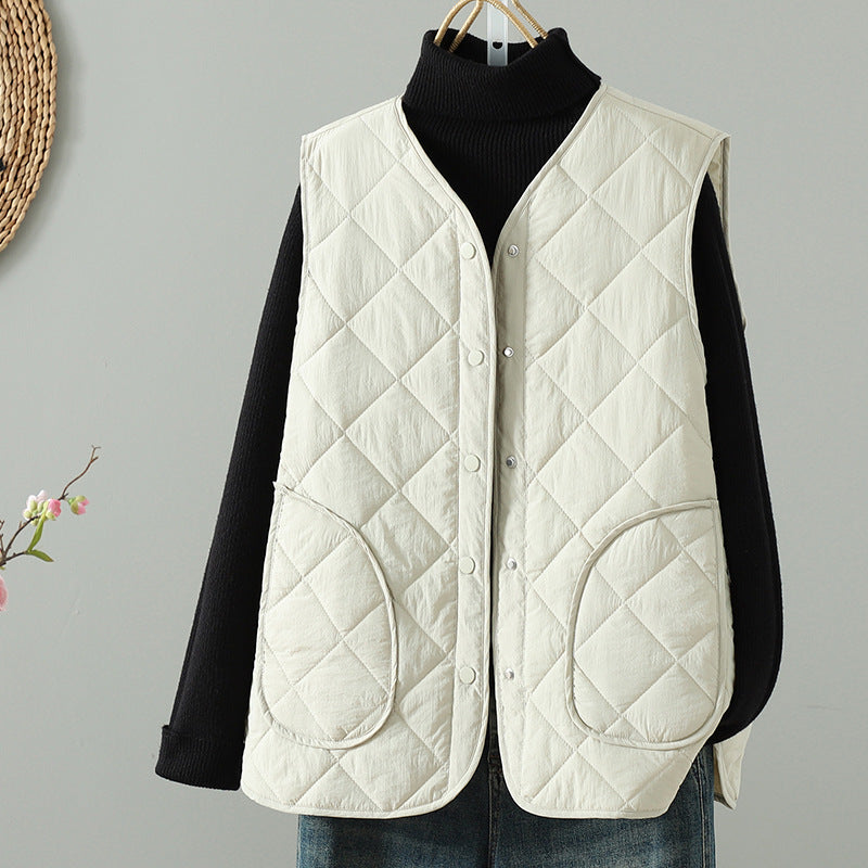 2025 autumn and winter new casual quilting line clip thin cotton hidden buckle side pocket vest women
