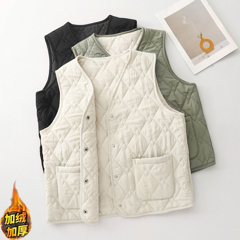 Real shot V-neck vest 2025 winter new women's sleeveless double pocket simple single-breasted vest top