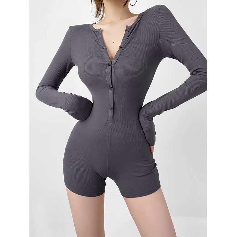 American slim-fit onesie long-sleeved inner tight-fitting waist Spice Girl Yoga onesie shorts button-up jumpsuit top
