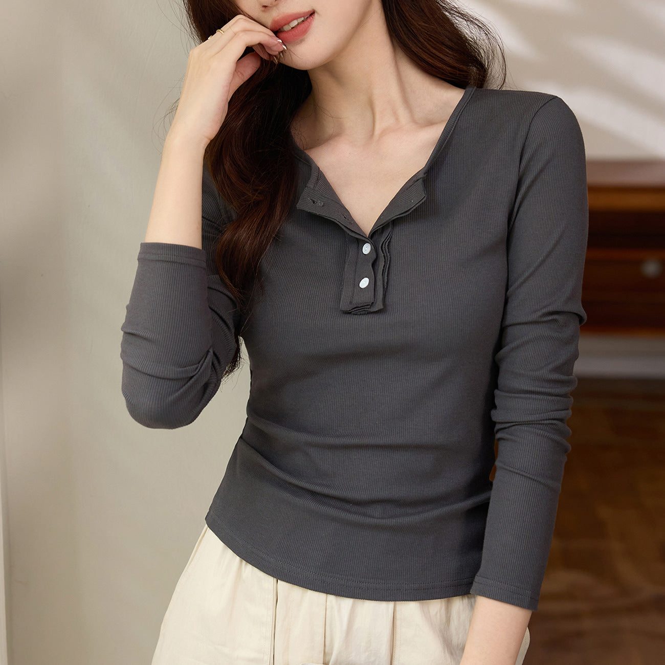 #Selection of high-quality products #Chic design button-up long-sleeved t-shirt women's 2026 autumn and winter new semi-open-necked pure cotton top