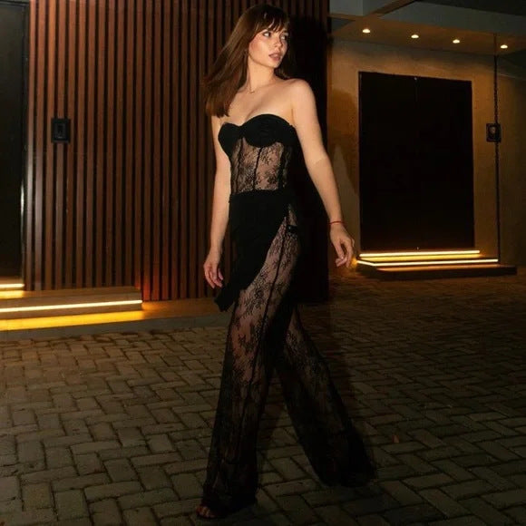 European and American style women's clothing niche light luxury party evening dresses sexy lace slim see-through jumpsuits women's personality splicing