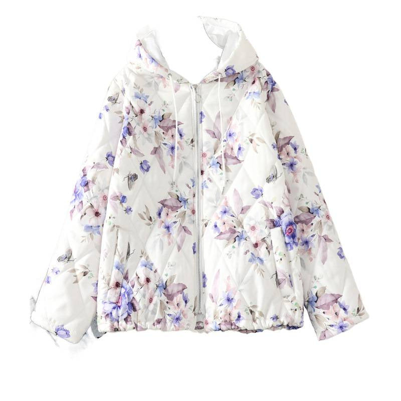 Real shot 2025 winter new hooded cotton clothes women's printing design white coat to keep warm