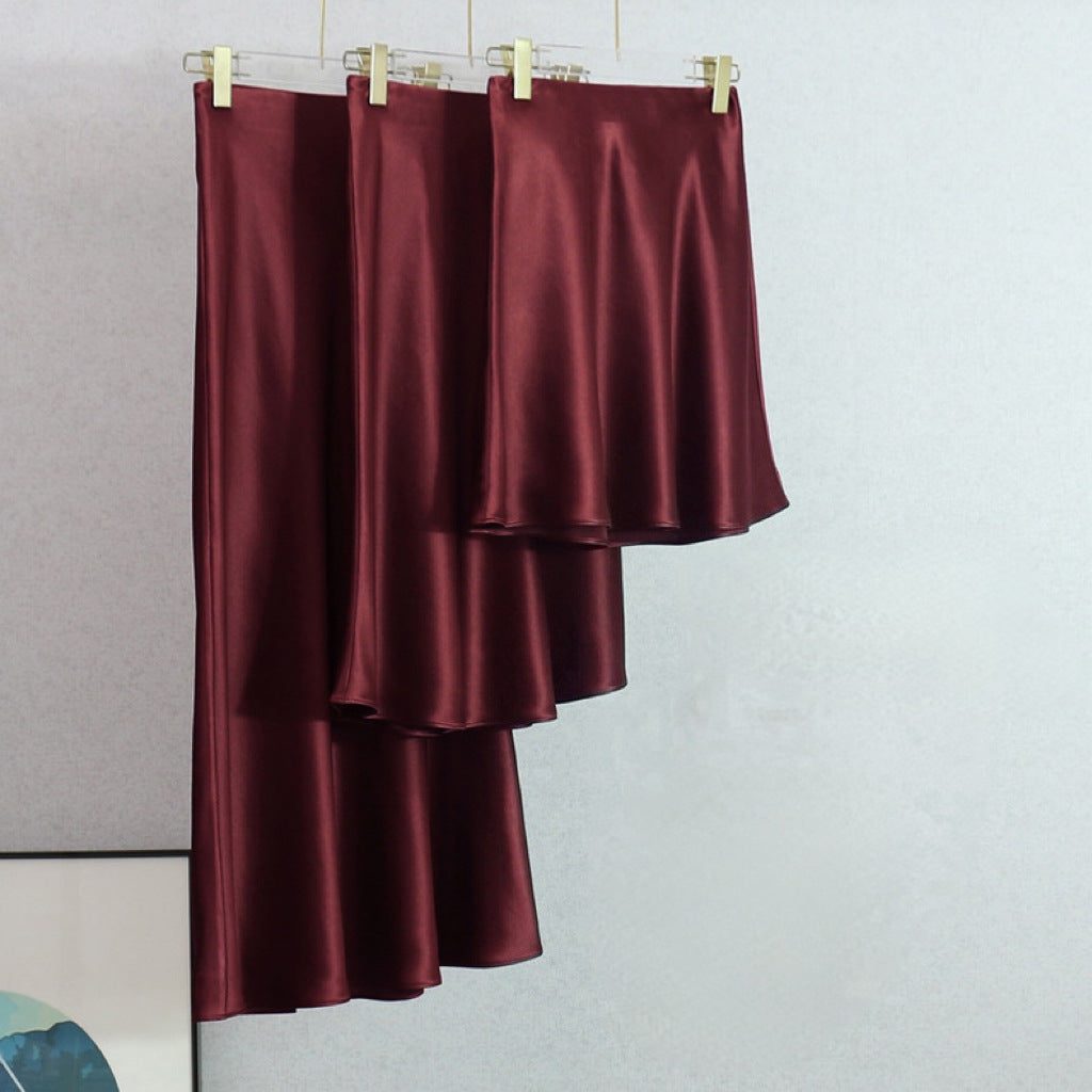 Burgundy Japanese imported acetic acid satin high-end sense a-word fishtail skirt women's spring and summer short medium and long skirt