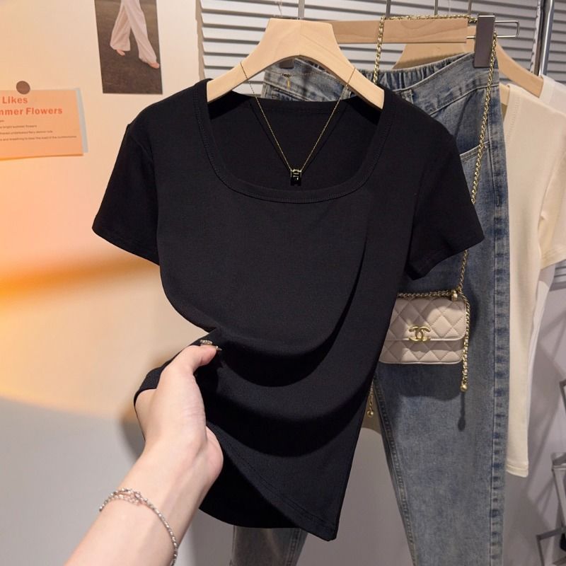 Black square neck basic short-sleeved T-shirt women's summer 2024 new waist pleated pure desire slim and thin top