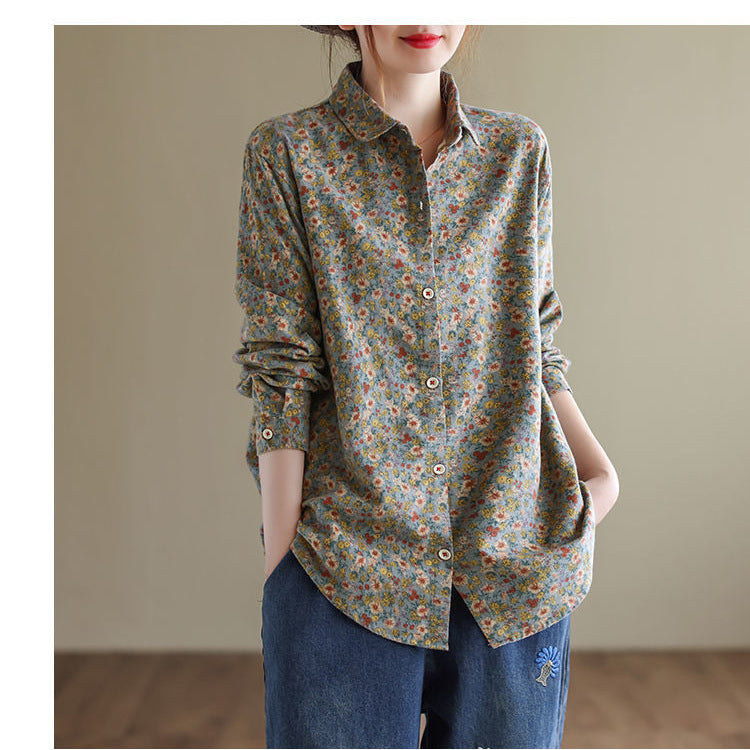 Spring 2024 new cotton and linen large size literary loose floral long-sleeved shirt top women #2022