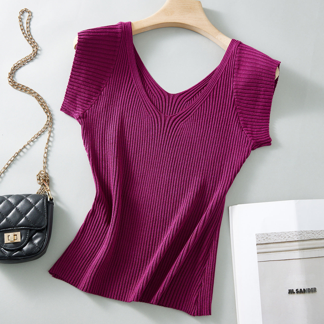 #Two wear V-neck #show chest big waist thin small spice girl flying sleeve ice silk short sleeve women's summer pit strip knitted T-shirt pure desire top