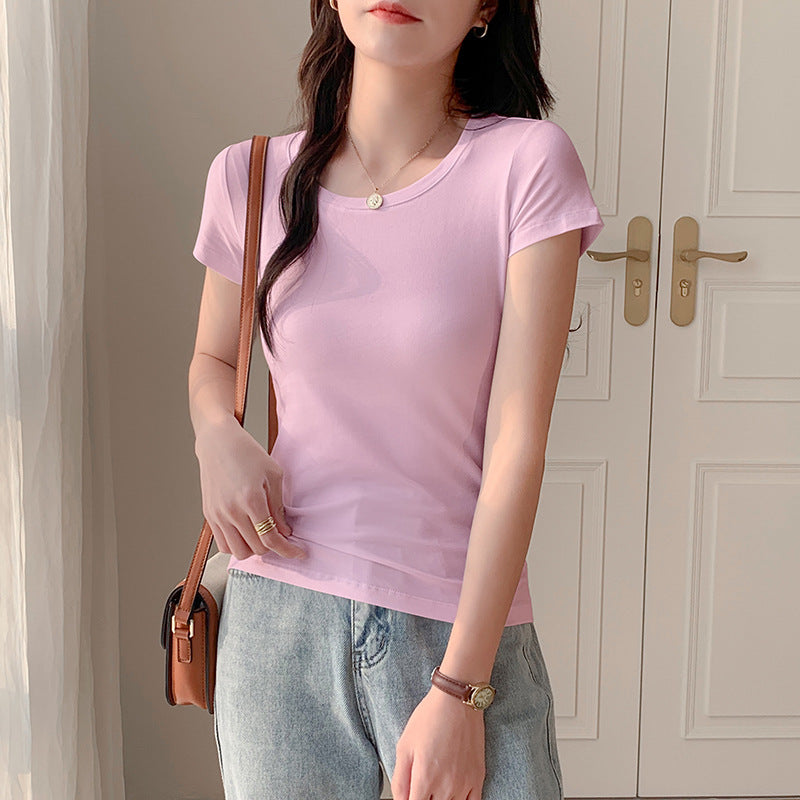 U-neck white versatile short-sleeved T-shirt women's American slim-fitting half-sleeved top low-necked bottoming shirt slim-fitting