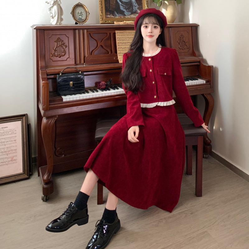 Autumn and winter small fragrant style suit skirt slim top large size fat mm French red corduroy half dress