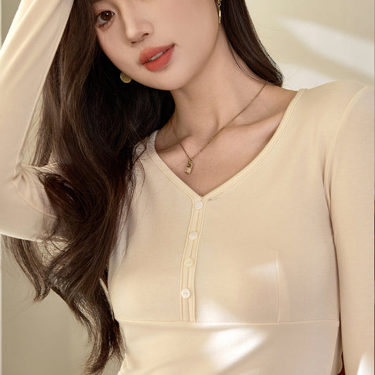 #Quality to do high quality #temperament age reduction design sense T-shirt women's long sleeves 2026 autumn clothes new shell buckle pure desire top