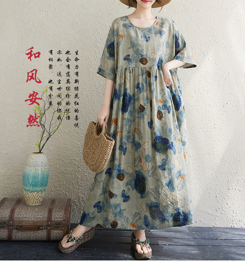 Real shot 2025 summer thin cotton and linen fat mm round neck short-sleeved vacation style loose and simple bohemian swing skirt