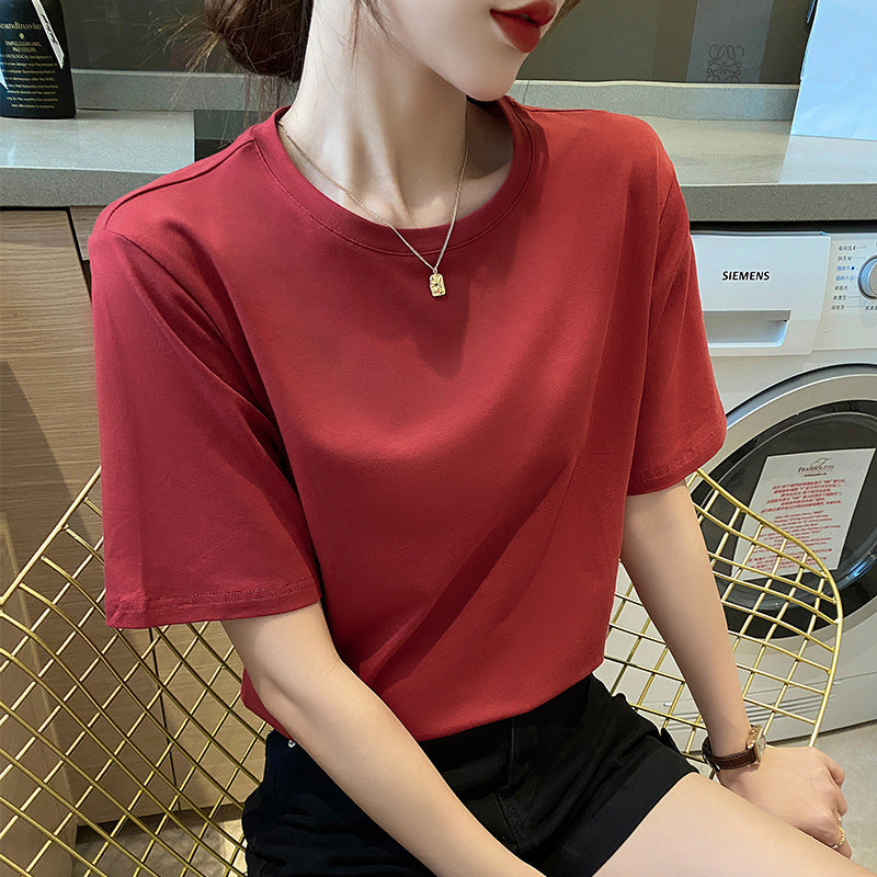 Brick red loose short-sleeved t-shirt women's 2025 summer half-sleeved thin fashion top t-shirt round neck high elasticity