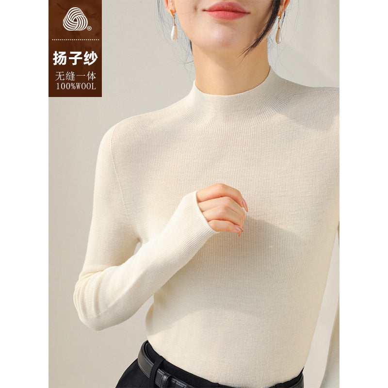High-end Yangtze yarn semi-turtleneck seamless integrated pullover knitted sweater women's autumn slim-fit full wool backing sweater white