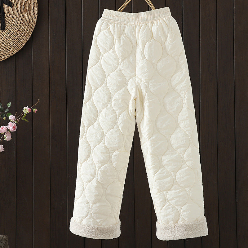 Real shot cotton pants women's autumn and winter 2025 new warm fleece thickened fleece outer wear wide-leg pants