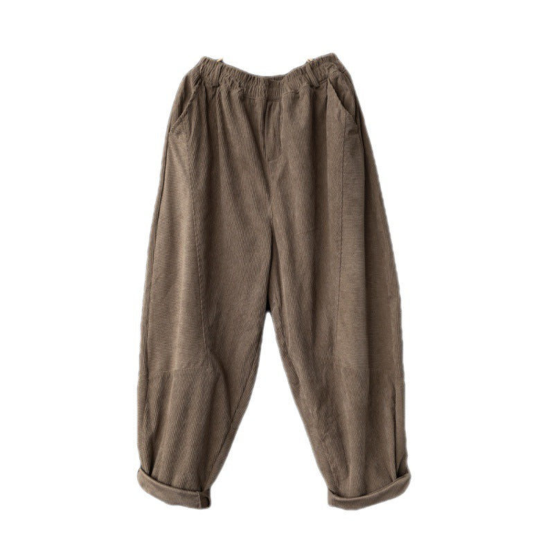2024 autumn new retro corduroy casual elastic waist loose and thin solid color Harlan trousers women