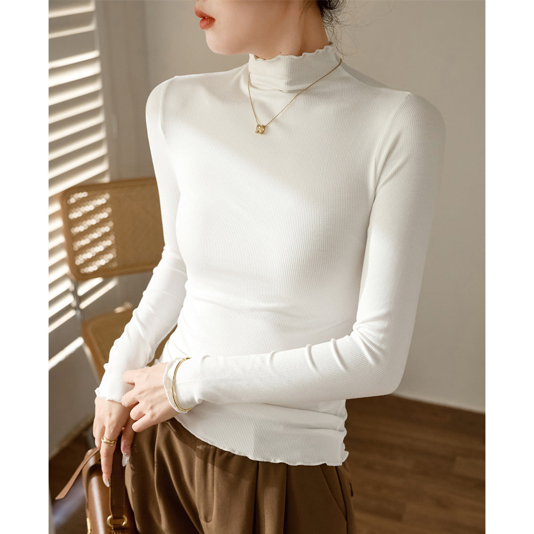 Fungus crimped semi-turtleneck bottoming shirt women's long-sleeved T-shirt 2026 autumn and winter new shirt slim and thin top
