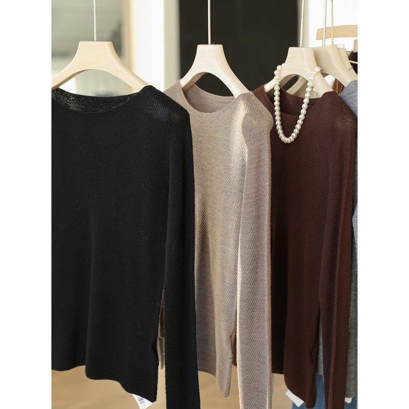 Machine washable 60 ultra-fine worsted full wool sweaters with fish bone pattern and thin seamless long-sleeved knitted sweaters and tops for women's autumn and winter