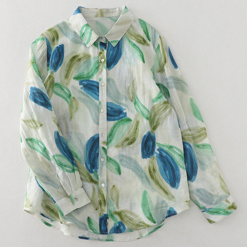 Real shot 2025 spring thin blue-green ink splashing printing French fresh shirt top women #1080
