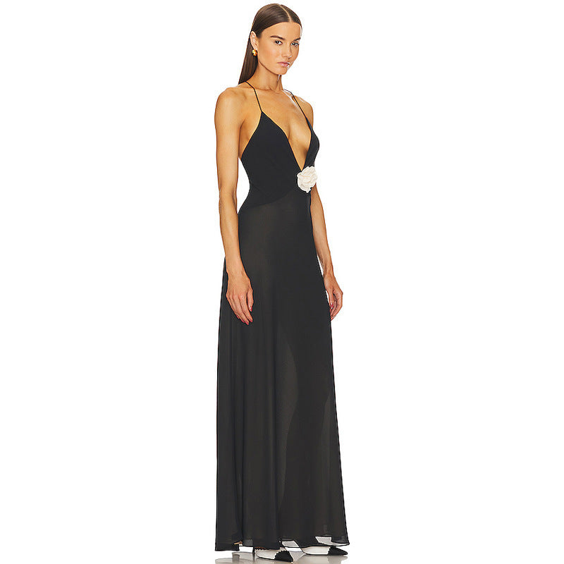 New Amazon sexy deep V-neck decorative flower suspender dress for women, high-end temperament backless banquet dress