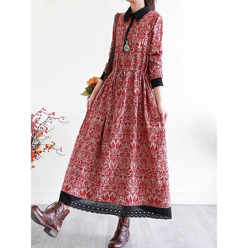 2025 Spring New Literary Loose Cotton and Linen Printed Lapel Long Sleeve Dress Women's Waist Medium and Long 969 #