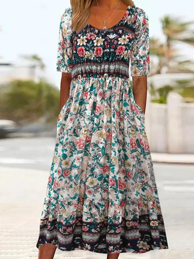 2025 Europe, America, Amazon summer new women's round neck short-sleeved long dress bohemian print dress women