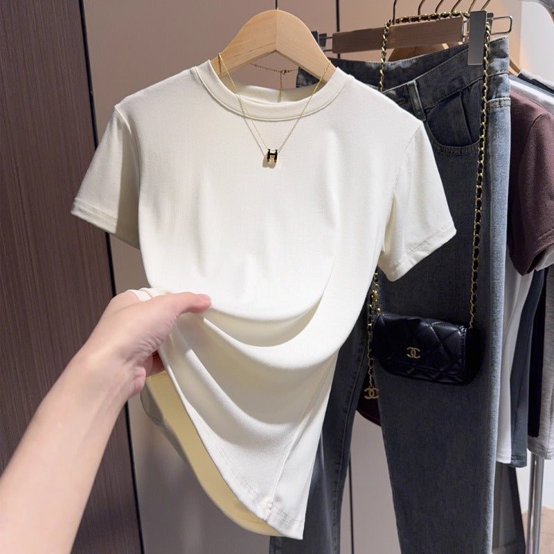 Black short-sleeved t-shirt women's 2025 summer new high-end small stand-up neck bottoming shirt versatile slim-fitting front shoulder top