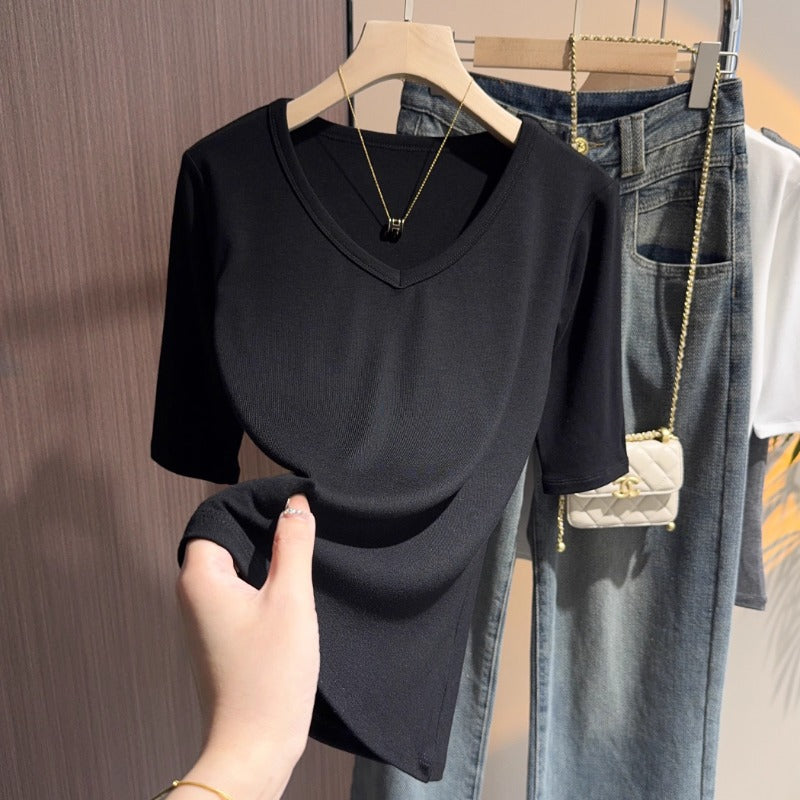 White medium-sleeved t-shirt women's knitted sweater spring and autumn summer basic V-neck bottoming shirt with five-quarter-sleeved top and t-shirt