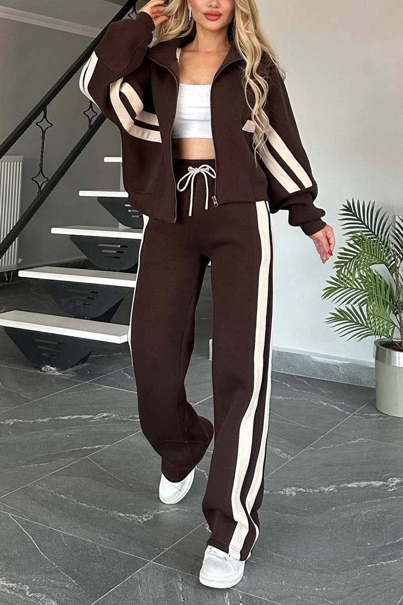 2025 European and American cross-border Amazon autumn foreign trade Y2K striped zipper top jacket casual sports suit women