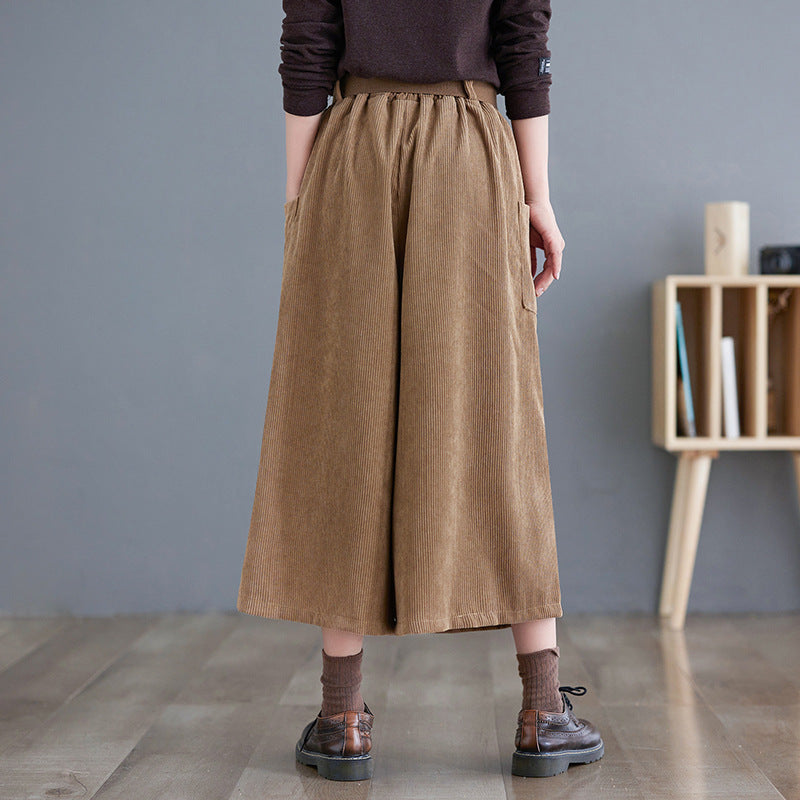 Real shot 2025 spring new corduroy culottes elastic waist belt loose and thin seven-point wide-leg pants women