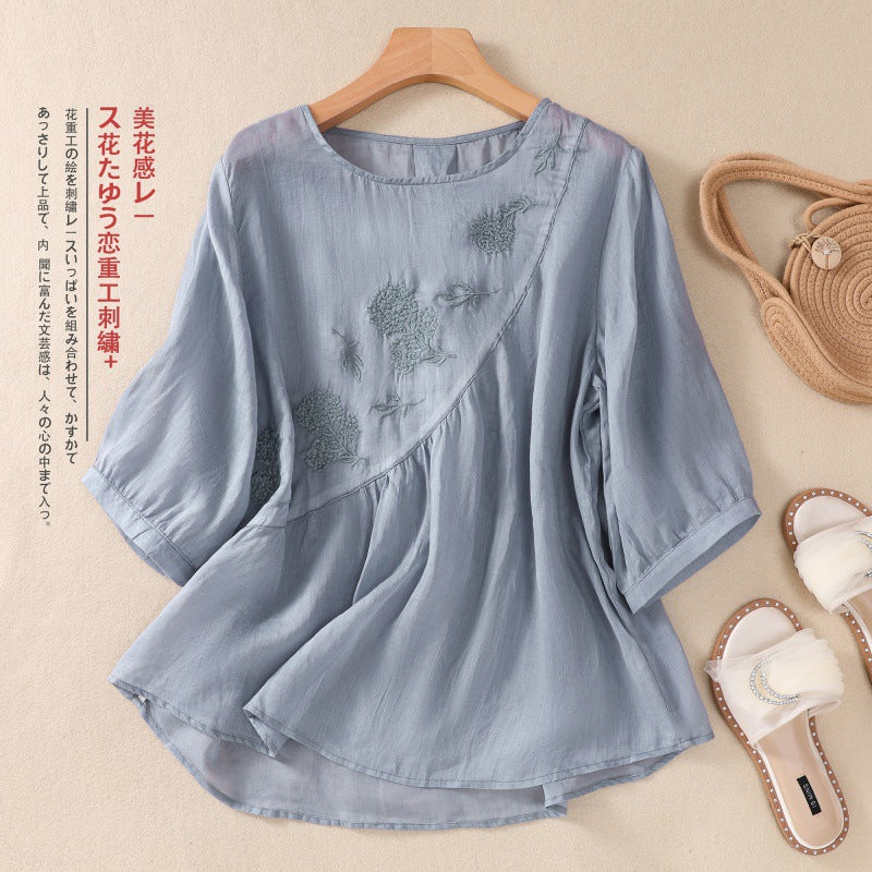 Real shot 2024 summer new literary loose cotton and linen embroidered flower round neck short-sleeved T-shirt women's top #9055