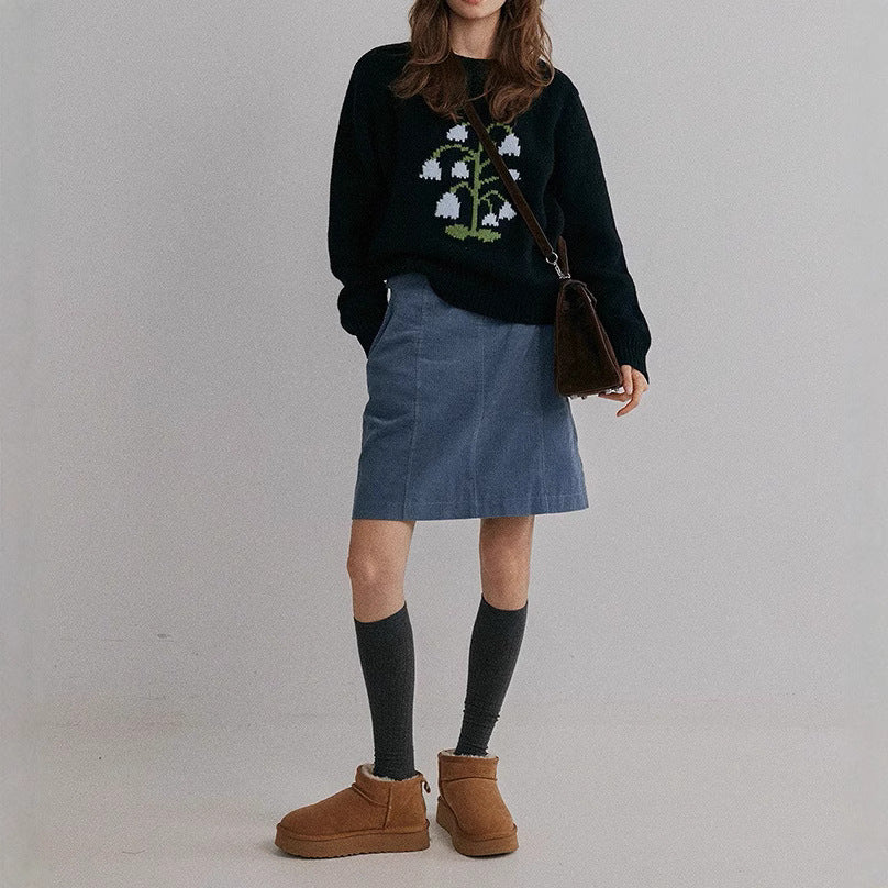 Thick needle round neck lily of the valley jacquard knitted sweater women's autumn and winter new fashion versatile casual top