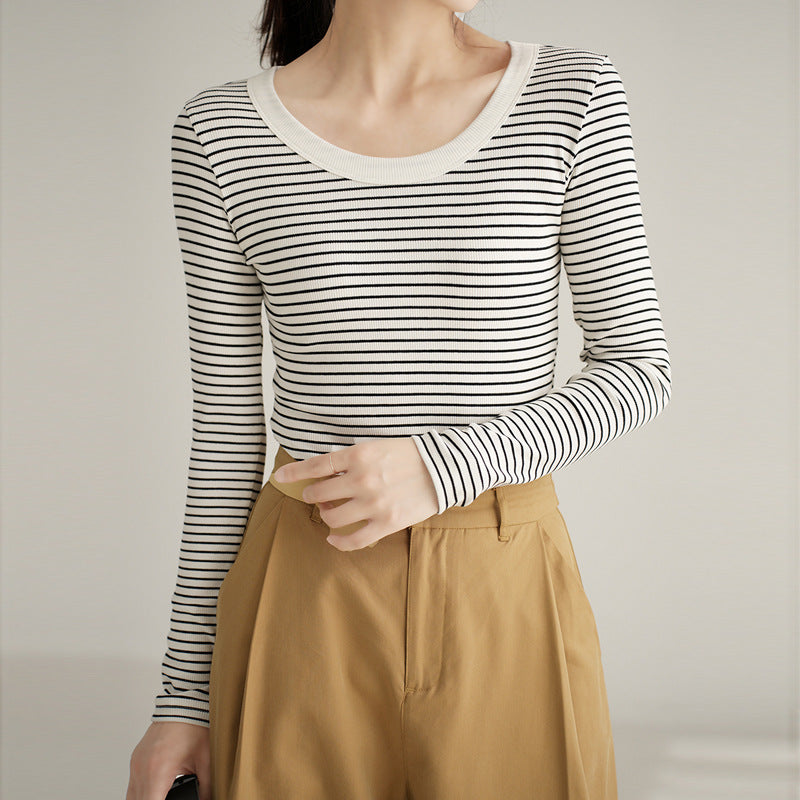 High-quality pure cotton T-shirt women's long-sleeved striped bottoming shirt 2026 autumn new round neck slim-fitting and thin versatile top