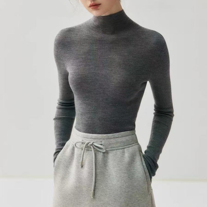 Machine washable! Grey Yangtze yarn worsted 100% wool bottoming shirt women's semi-turtleneck autumn and winter tight knit sweater