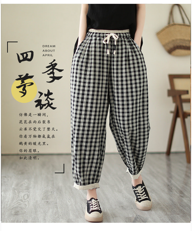 Real shot 2025 summer new literary loose cotton and linen plaid elastic waist bloomers nine-point pants women #6330