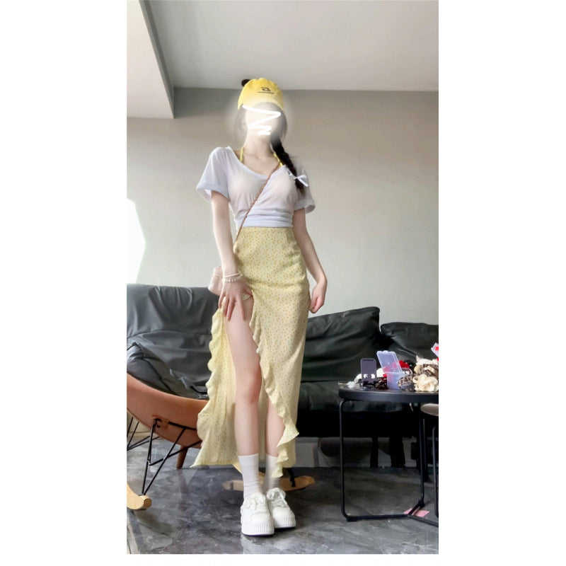 Yellow floral skirt children's summer 2025 new popular irregular temperament long skirt small seaside vacation