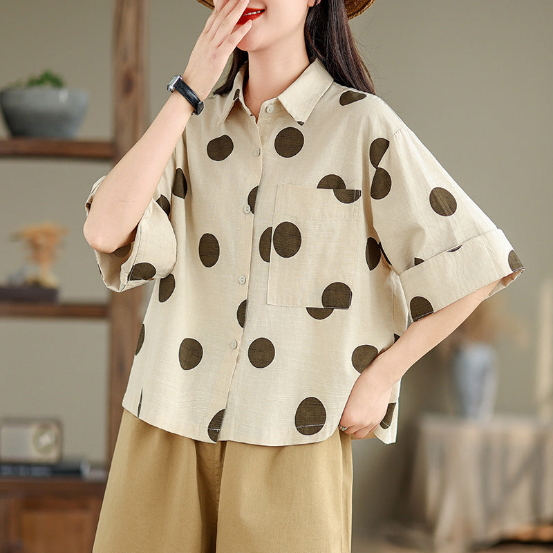 Real shot 2025 summer new literary loose polka dot lapel short-sleeved shirt blouse top #9531