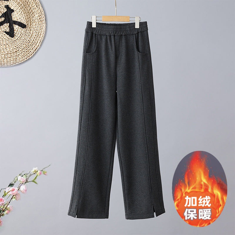 Real shot herringbone pattern velvet wide-leg pants women's 2025 winter woolen split pants straight tube micro-elastic banana pants