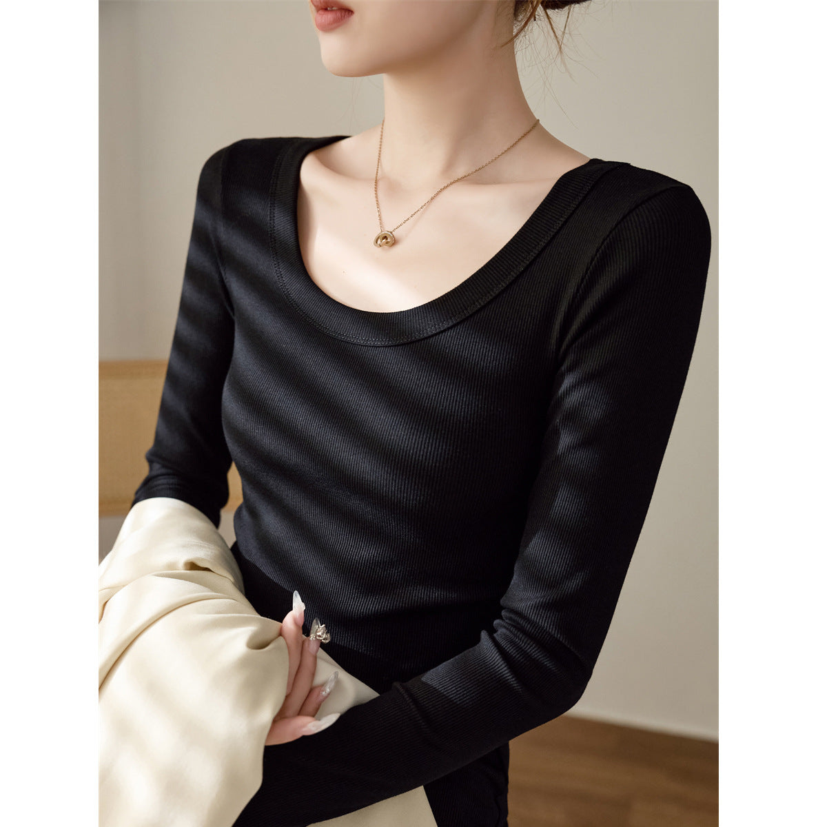 无惧货比优棉螺纹u领长袖T恤女2026秋冬新款修身显瘦上衣打底衫韩