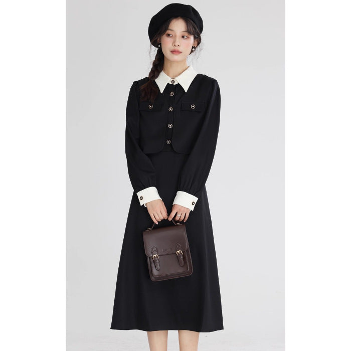 French fake two-piece temperament high-end black long-sleeved large size fat mm2025 autumn and winter women's clothing waist dress